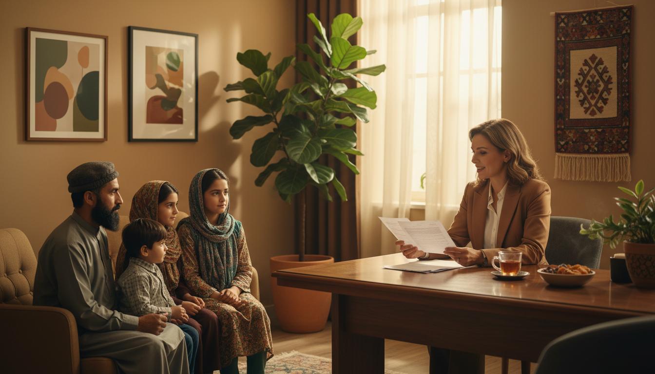 Community worker helping Afghan family with documents