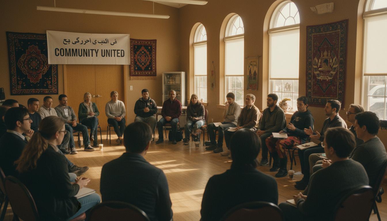 Community meeting in circle discussing rights